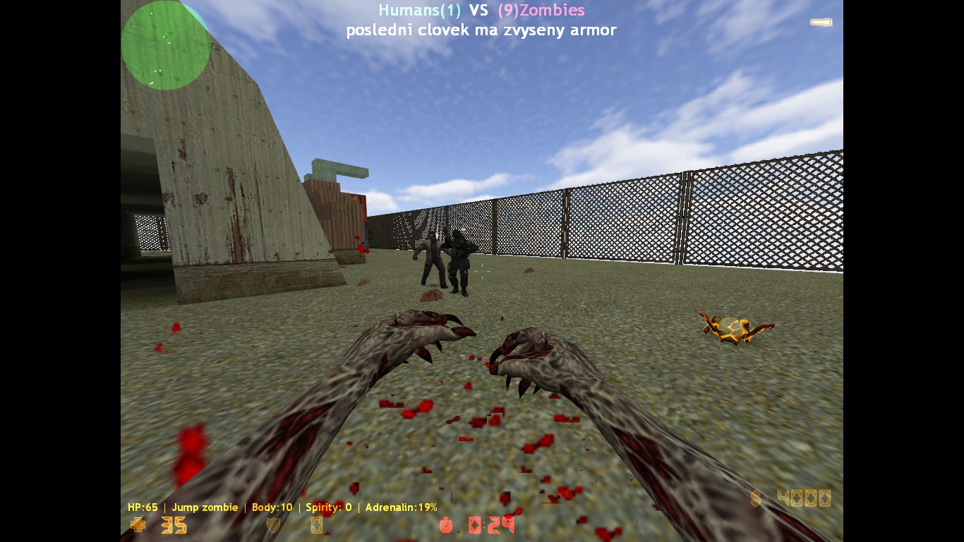 Jump Zombie naháňa posledného prežívajúceho človeka so zvýšeným armorom
