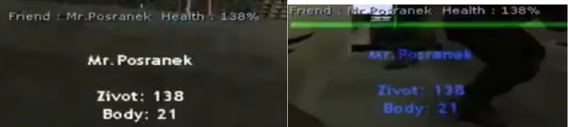 Záber z videa — porovnanie HUD zobrazenia mena a zdravia hráča